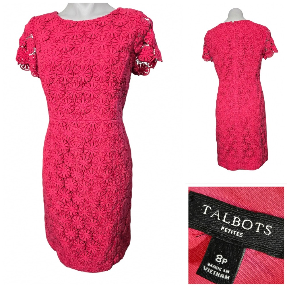 Talbots Petites Pink Floral Medallion Lace Sheath Dress 8P Short Sleeve Crewneck